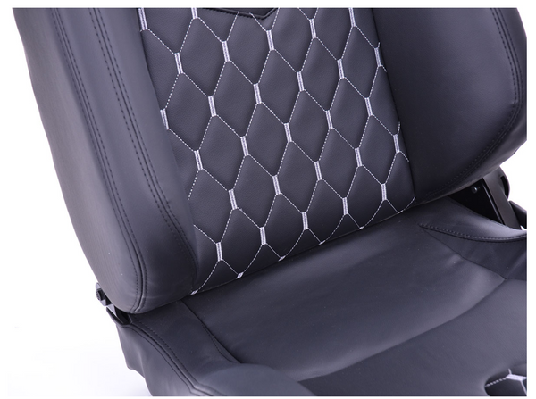 FK Pair of Universal Premium Sports Bucket Seats Black with Silver Diamond Stitching with universal slide runners