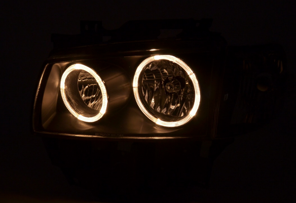 FK Pair LED Angel Eye Black Headlights VW Van Camper Transporter T4 LHD 97-02 - LJ Automotive