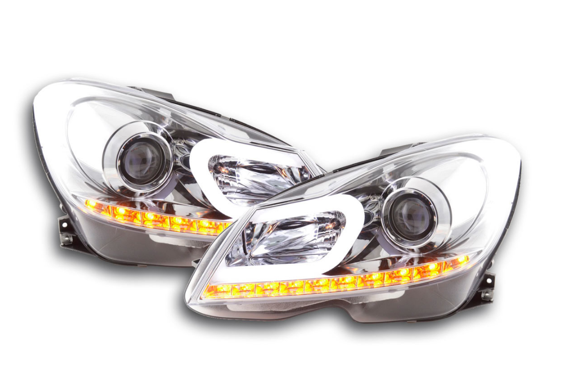 FK Set Mercedes C-class W204 11-14 chrome PROJECTOR LIGHTBAR DRL HEADLIGHTS LHD - LJ Automotive