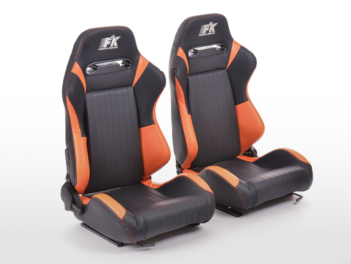 FK Bucket Sports Seat Pair Black & Orange Stitch Car 4x4 Camper T4 T5 Defender - LJ Automotive