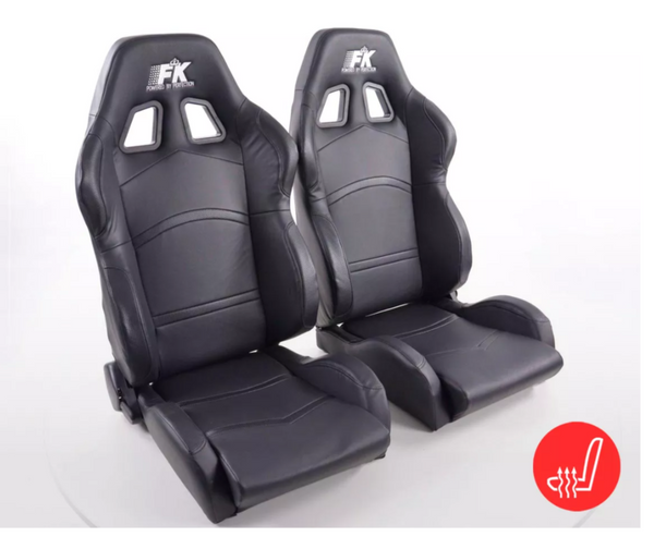 FK Universal HEATED Deluxe Bucket Sports Seats Black Synthetic Leather Heater