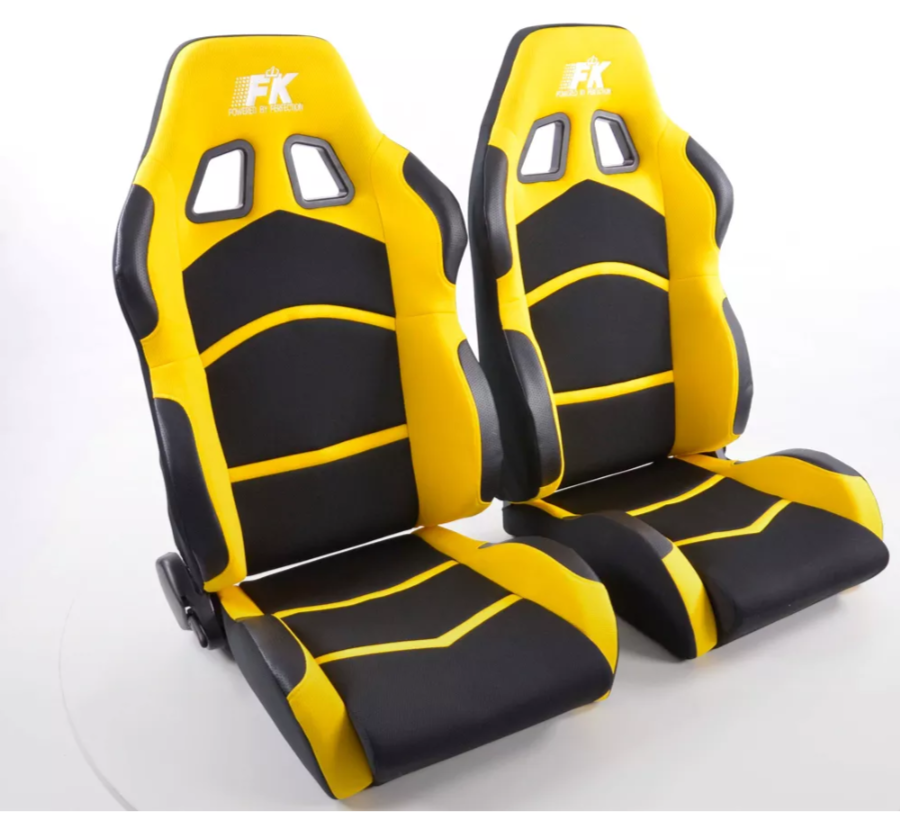 FK Pair Universal Recline & Fold Fwd Bucket Sports Seats Black & Yellow