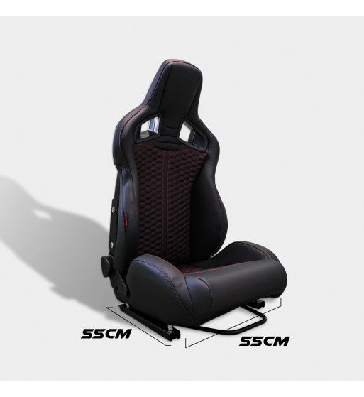 MODAUTO LUXURY SPORTS SEMI BUCKET SEAT x1 - PREMIUM NEW ERA PU LEATHER - BLACK WITH RED STITCH