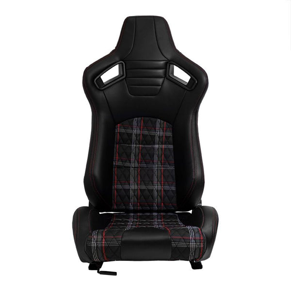 AUTOSTYLE GT x1 Universal Sports Bucket Seats Black & Red Check / Plaid + runners Checkered Golf GTI Style